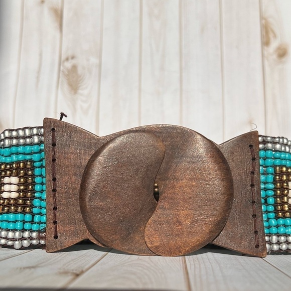 Vintage Beaded Stretch Belt Turquoise Wood Hook Western Boho 26”-34”